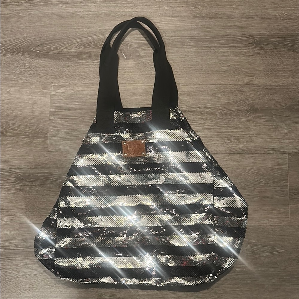 PINK Victoria's Secret Black and Silver Sequin Tote Bag